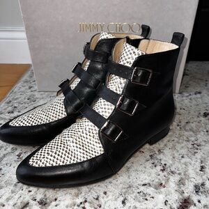 Jimmy Choo Black Leather and Snake Embossed Leather Marlin Ankle Boot